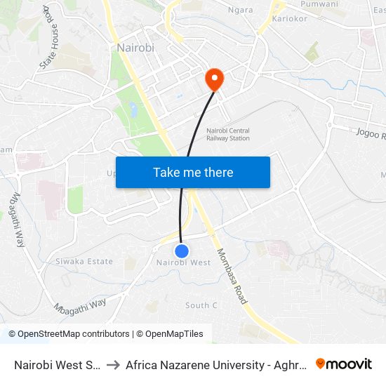 Nairobi West Stage to Africa Nazarene University - Aghro House map