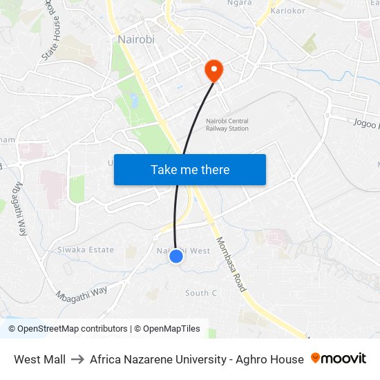 West Mall to Africa Nazarene University - Aghro House map