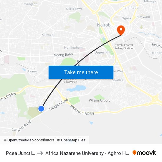 Pcea Junction to Africa Nazarene University - Aghro House map