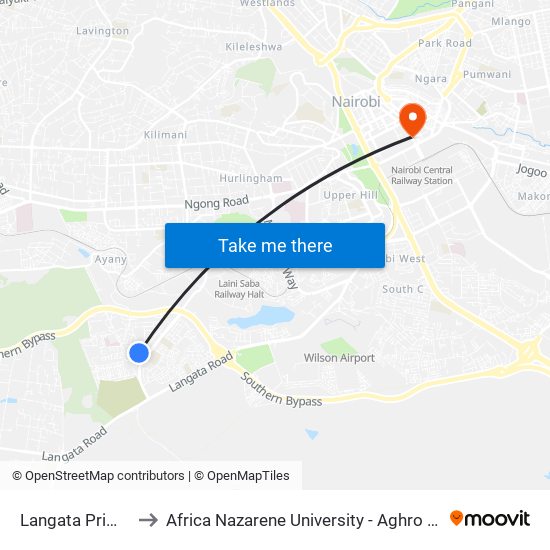 Langata Primary to Africa Nazarene University - Aghro House map