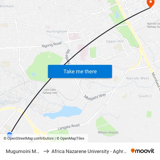 Mugumoini Market to Africa Nazarene University - Aghro House map