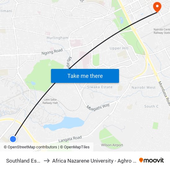 Southland Estate to Africa Nazarene University - Aghro House map