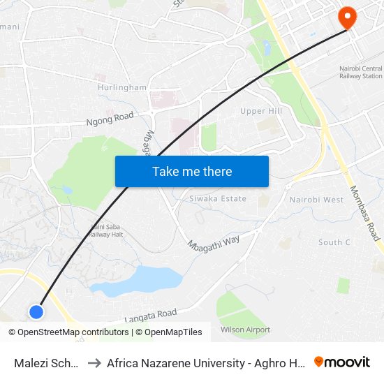 Malezi School to Africa Nazarene University - Aghro House map