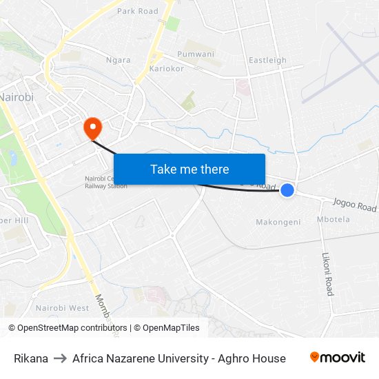 Rikana to Africa Nazarene University - Aghro House map