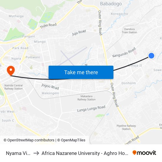Nyama Villa to Africa Nazarene University - Aghro House map