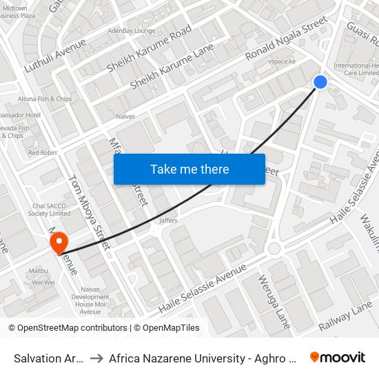 Salvation Army to Africa Nazarene University - Aghro House map