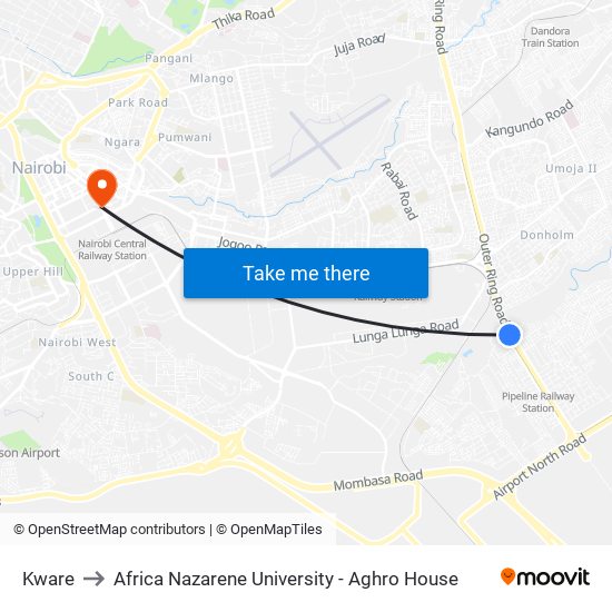 Kware to Africa Nazarene University - Aghro House map