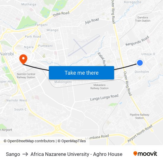 Sango to Africa Nazarene University - Aghro House map