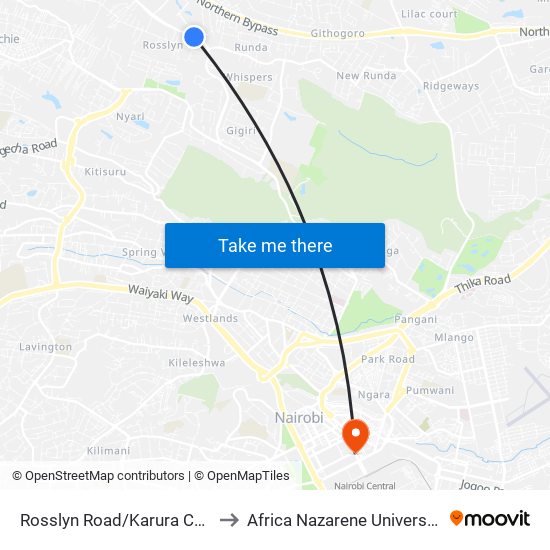 Rosslyn Road/Karura Community Chapel to Africa Nazarene University - Aghro House map