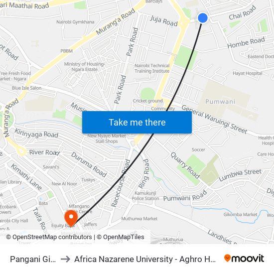 Pangani Girls to Africa Nazarene University - Aghro House map