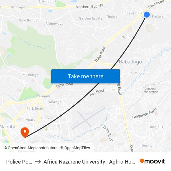 Police Post to Africa Nazarene University - Aghro House map