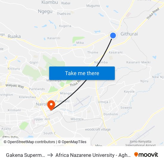 Gakena Supermarket to Africa Nazarene University - Aghro House map