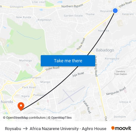 Roysabu to Africa Nazarene University - Aghro House map