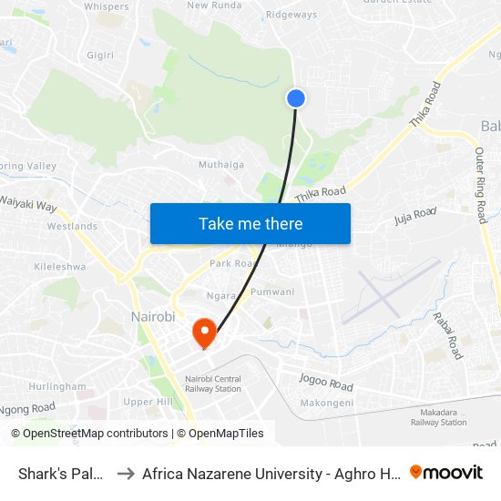 Shark's Palace to Africa Nazarene University - Aghro House map