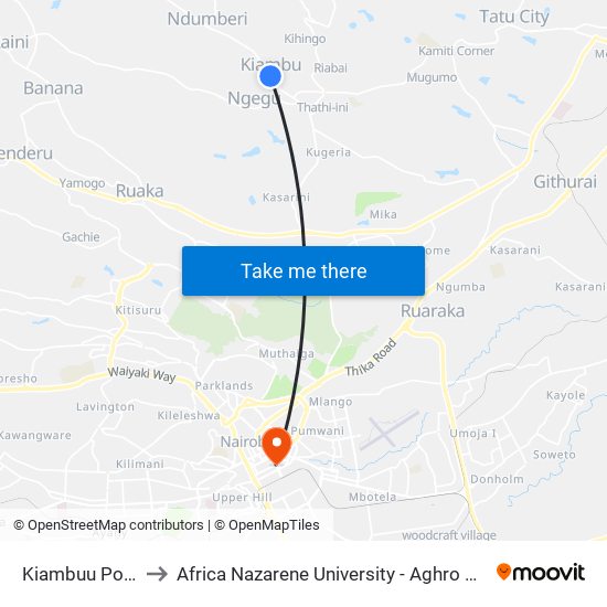 Kiambuu Posta to Africa Nazarene University - Aghro House map