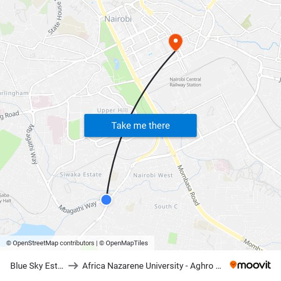 Blue Sky Estate to Africa Nazarene University - Aghro House map