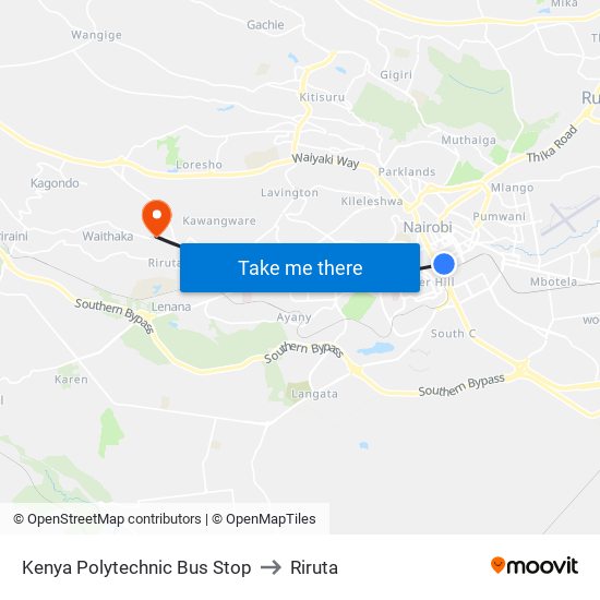 Kenya Polytechnic Bus Stop to Riruta map