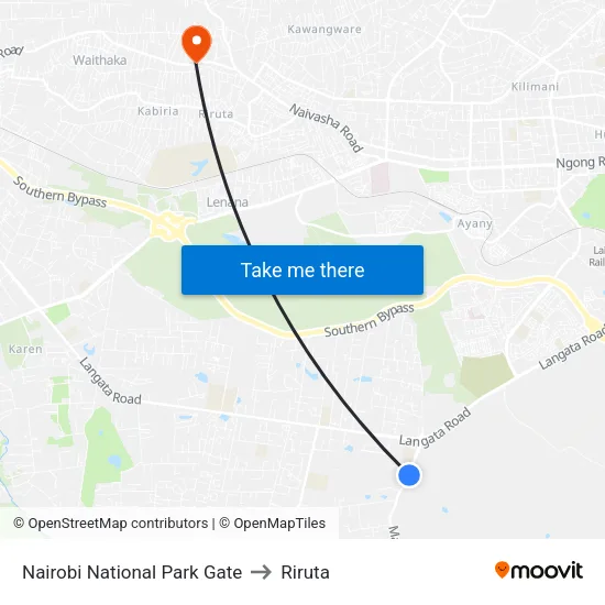 Nairobi National Park Gate to Riruta map