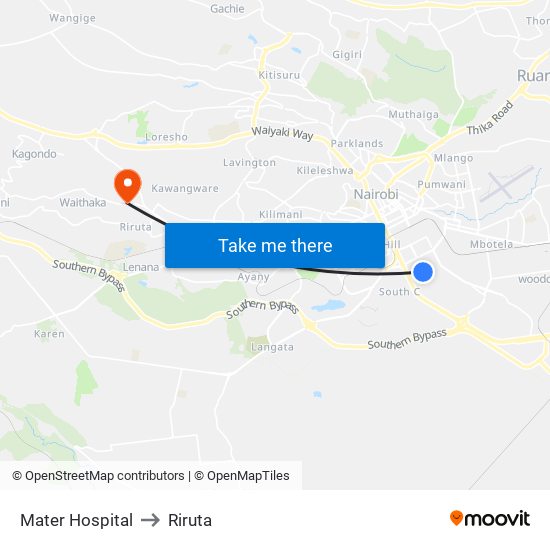 Mater Hospital to Riruta map