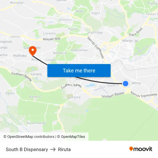 South B Dispensary to Riruta map