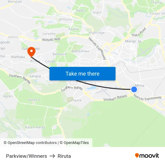 Parkview/Winners to Riruta map