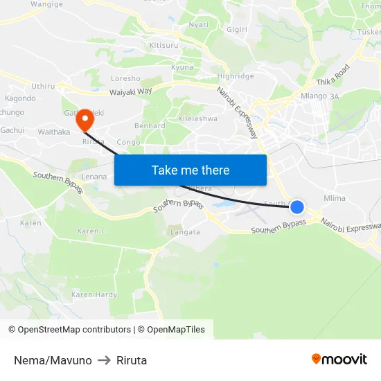 Nema/Mavuno to Riruta map