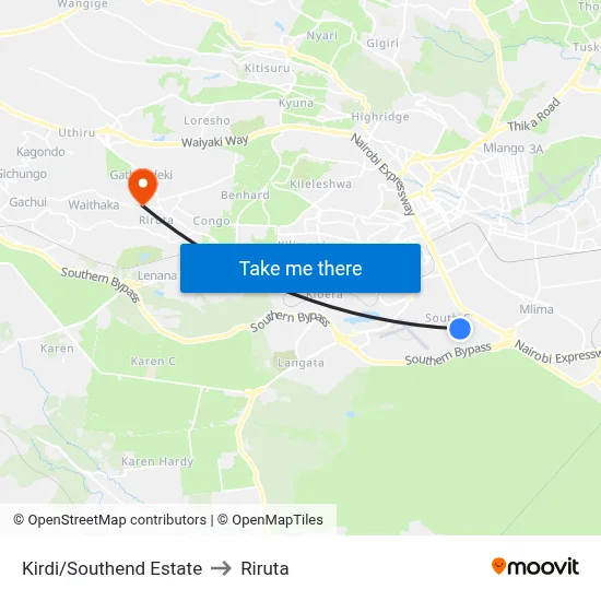 Kirdi/Southend Estate to Riruta map