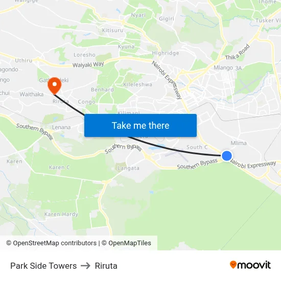 Park Side Towers to Riruta map