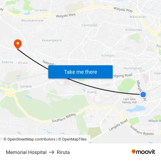 Memorial Hospital to Riruta map
