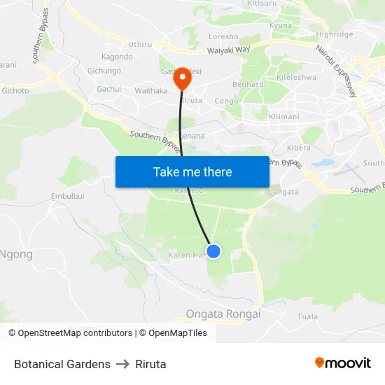 Botanical Gardens to Riruta map