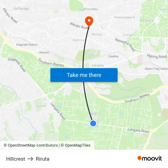 Hillcrest to Riruta map