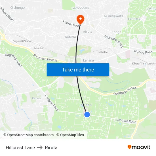 Hillcrest Lane to Riruta map