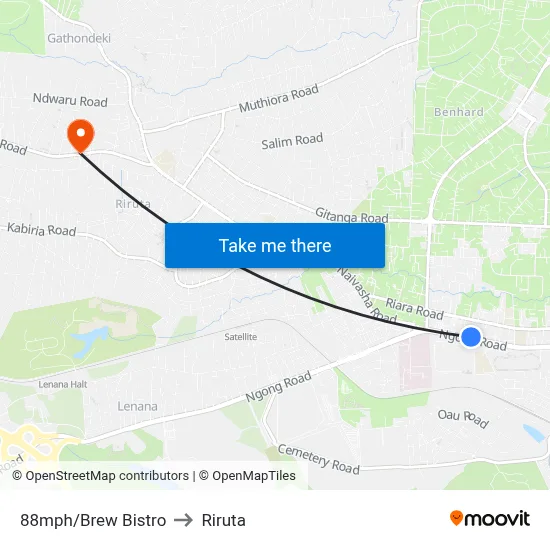 88mph/Brew Bistro to Riruta map