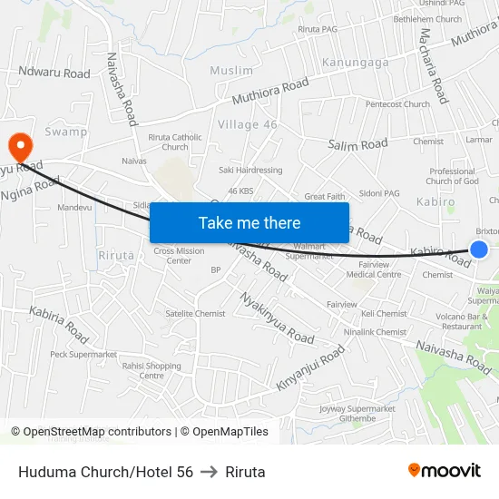 Huduma Church/Hotel 56 to Riruta map