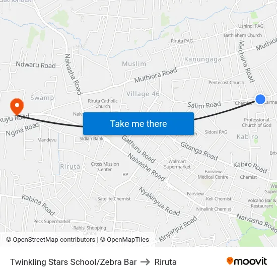 Twinkling Stars School/Zebra Bar to Riruta map