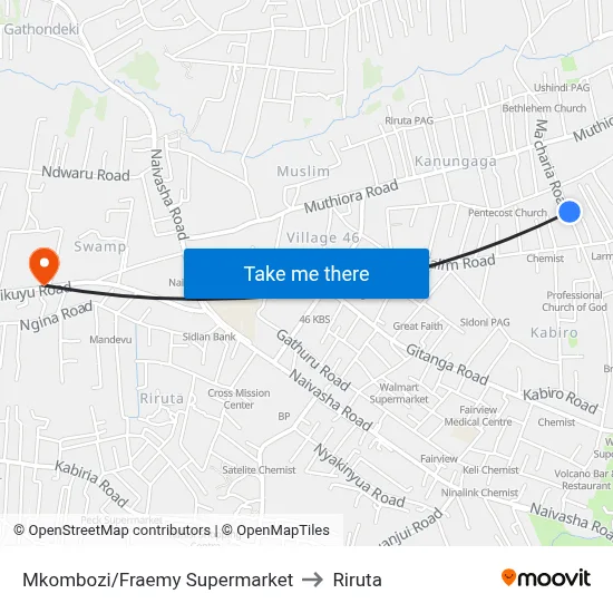 Mkombozi/Fraemy Supermarket to Riruta map
