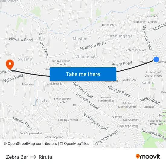 Zebra Bar to Riruta map