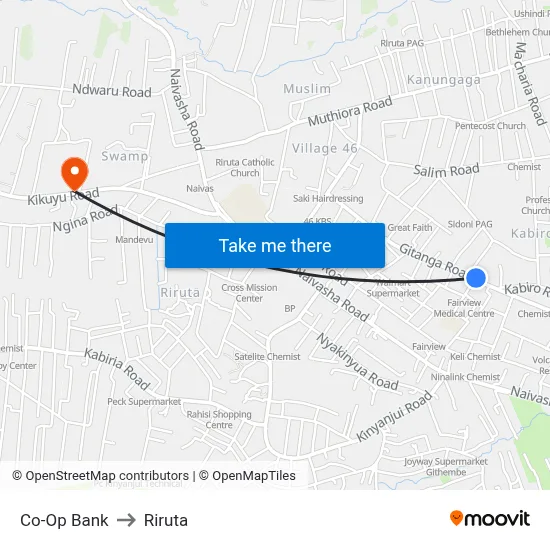 Co-Op Bank to Riruta map
