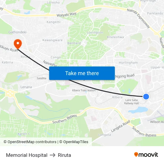 Memorial Hospital to Riruta map