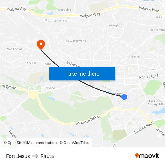 Fort Jesus to Riruta map