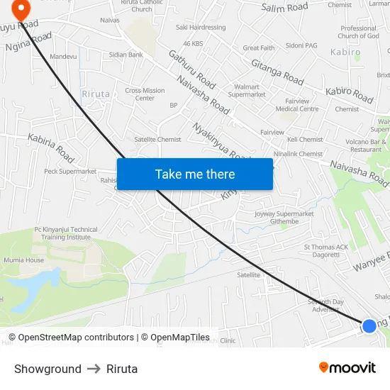 Showground to Riruta map