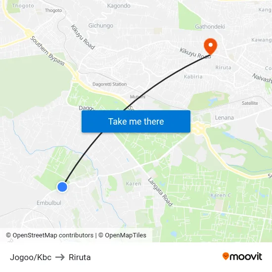 Jogoo/Kbc to Riruta map