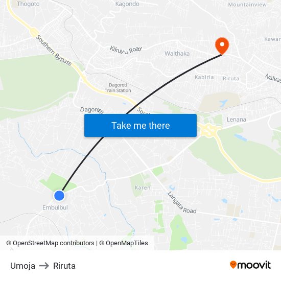 Umoja to Riruta map