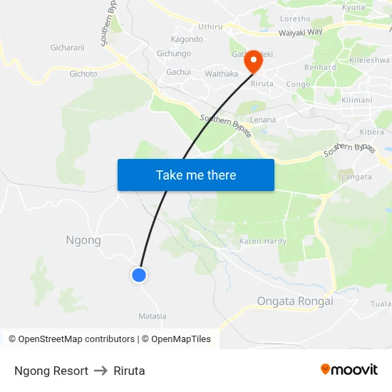 Ngong Resort to Riruta map