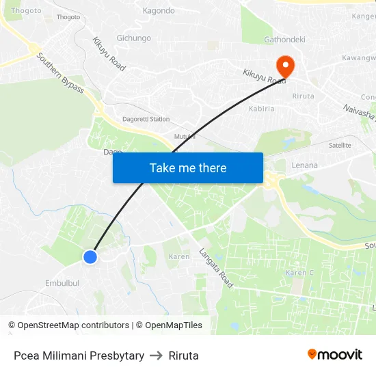 Pcea Milimani Presbytary to Riruta map
