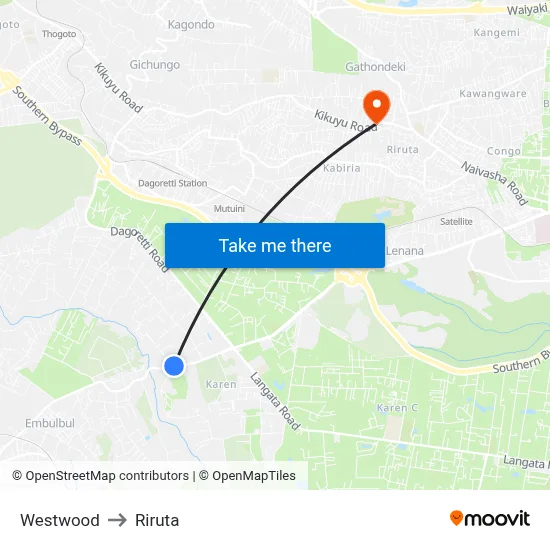 Westwood to Riruta map
