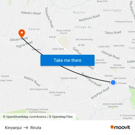 Kinyanjui to Riruta map