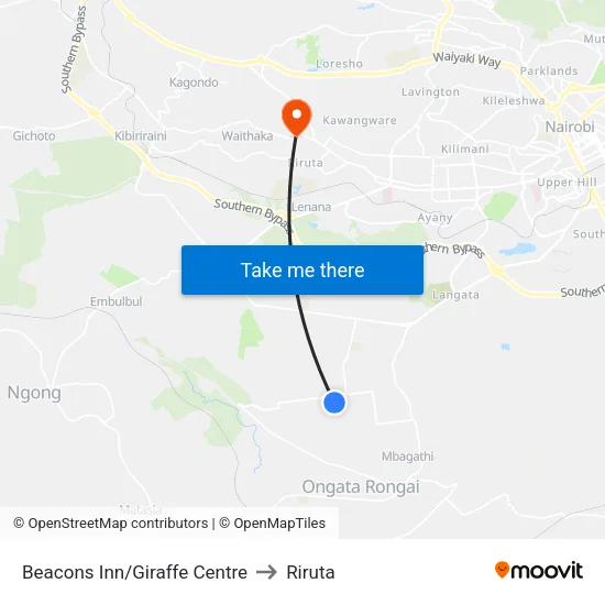 Beacons Inn/Giraffe Centre to Riruta map