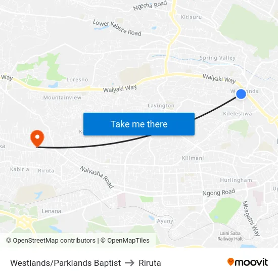 Westlands/Parklands Baptist to Riruta map