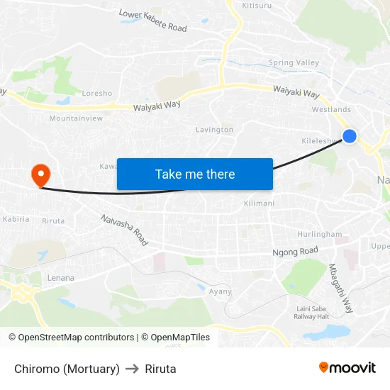 Chiromo (Mortuary) to Riruta map
